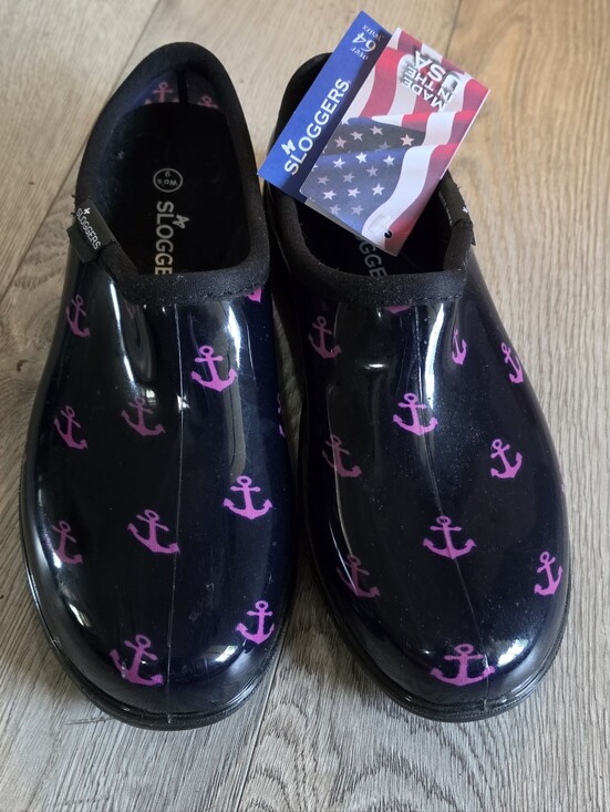 Sloggers Shoes - Sloggers Black Waterproof Slip-On Rain Clogs with Pink Anchor Print